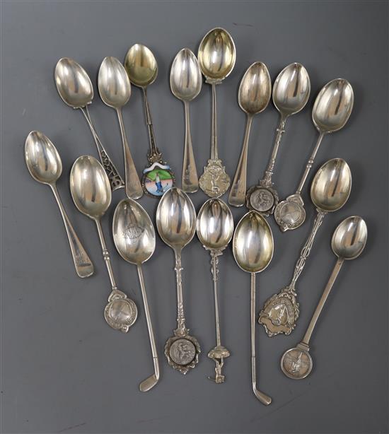 Sixteen silver golfing related tea spoons, including four picture back teaspoons, 1913(3) & 1924(1). 9 oz.